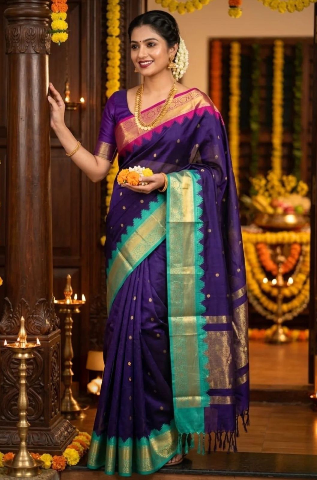 Royal Navy Dual Border Zari Booti Soft Silk Saree